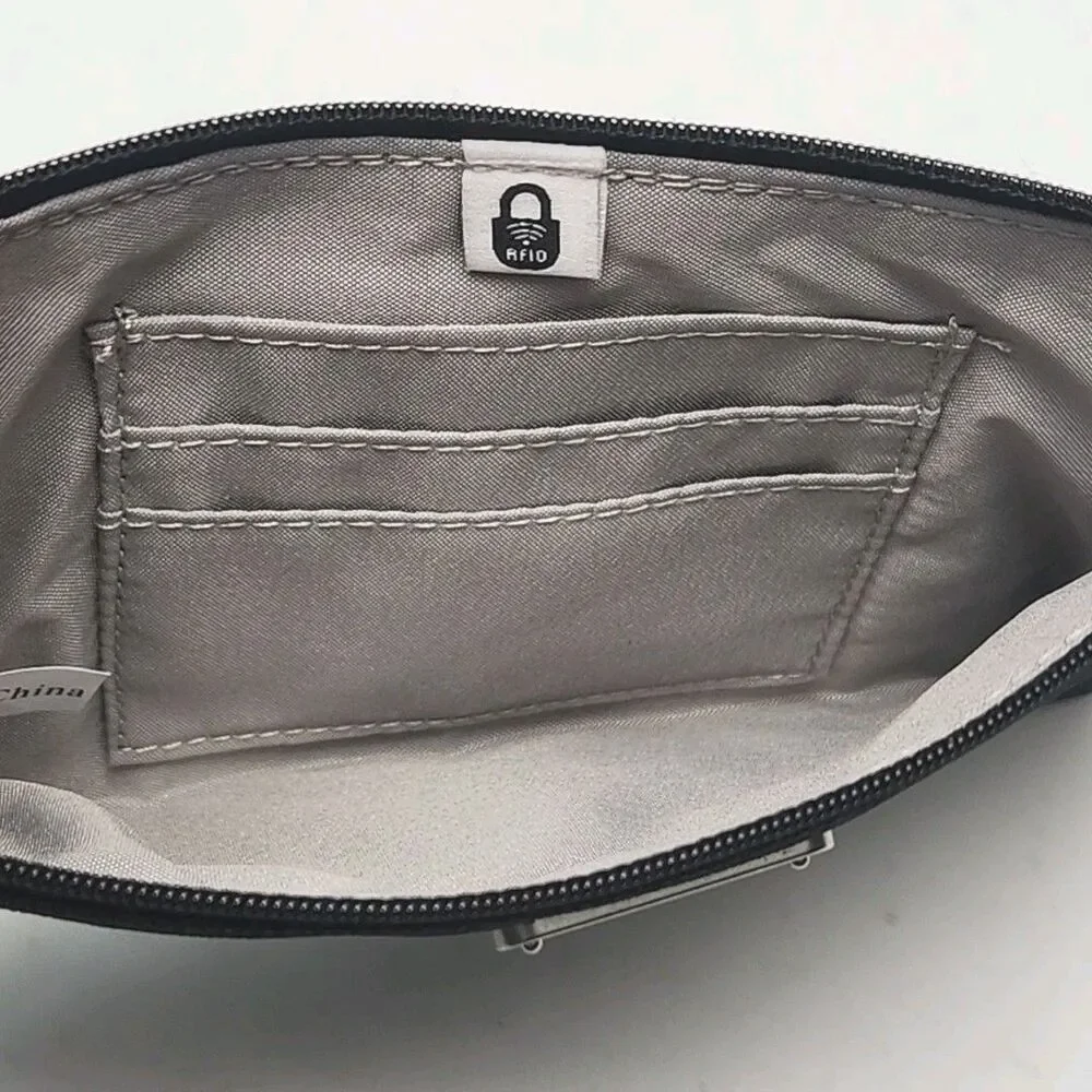Baggallini Wristlet Wallet Card Slots RFID Nylon Black Flat Zip Small 7.5